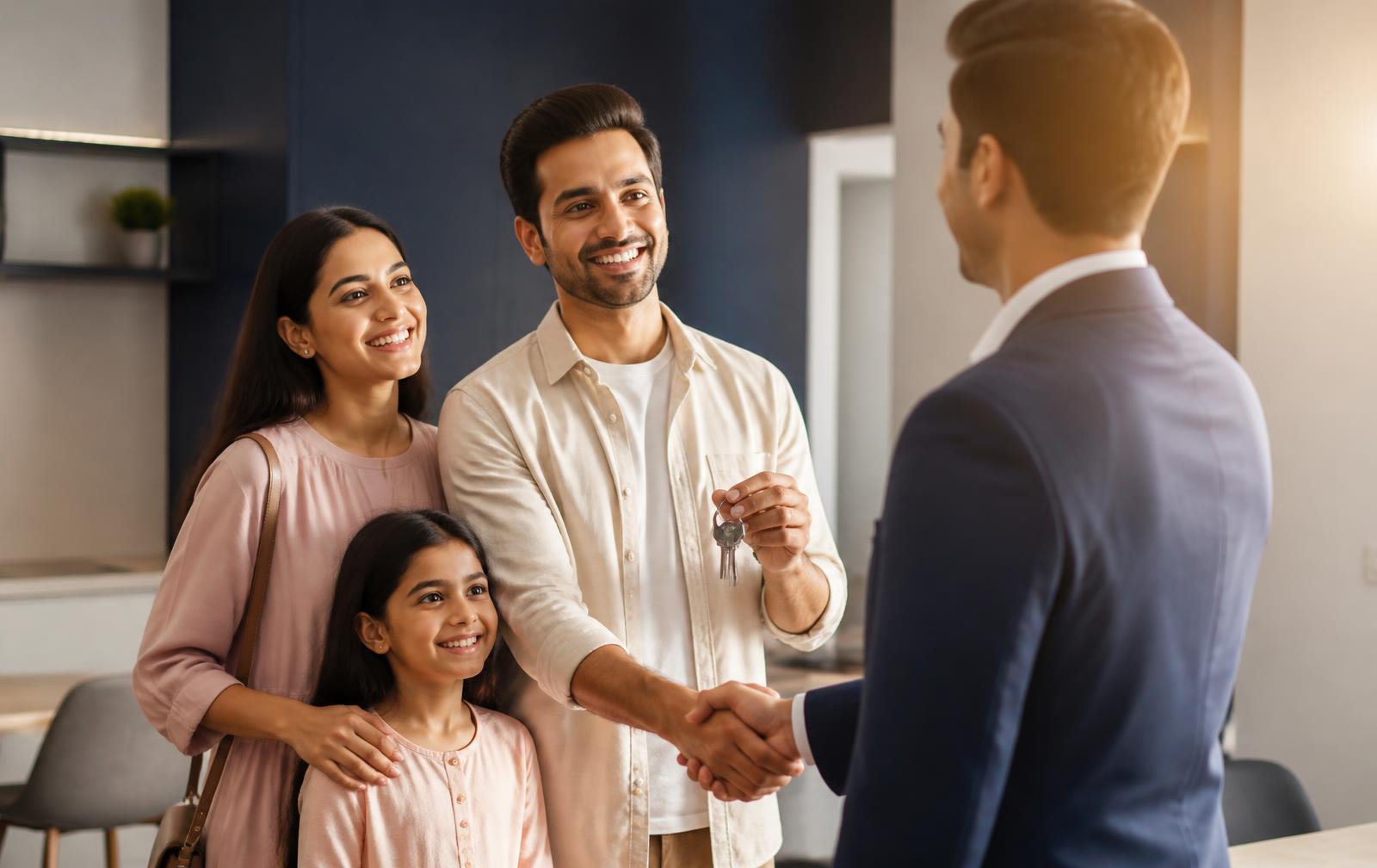 Family receiving house keys after home loan approval in Erode